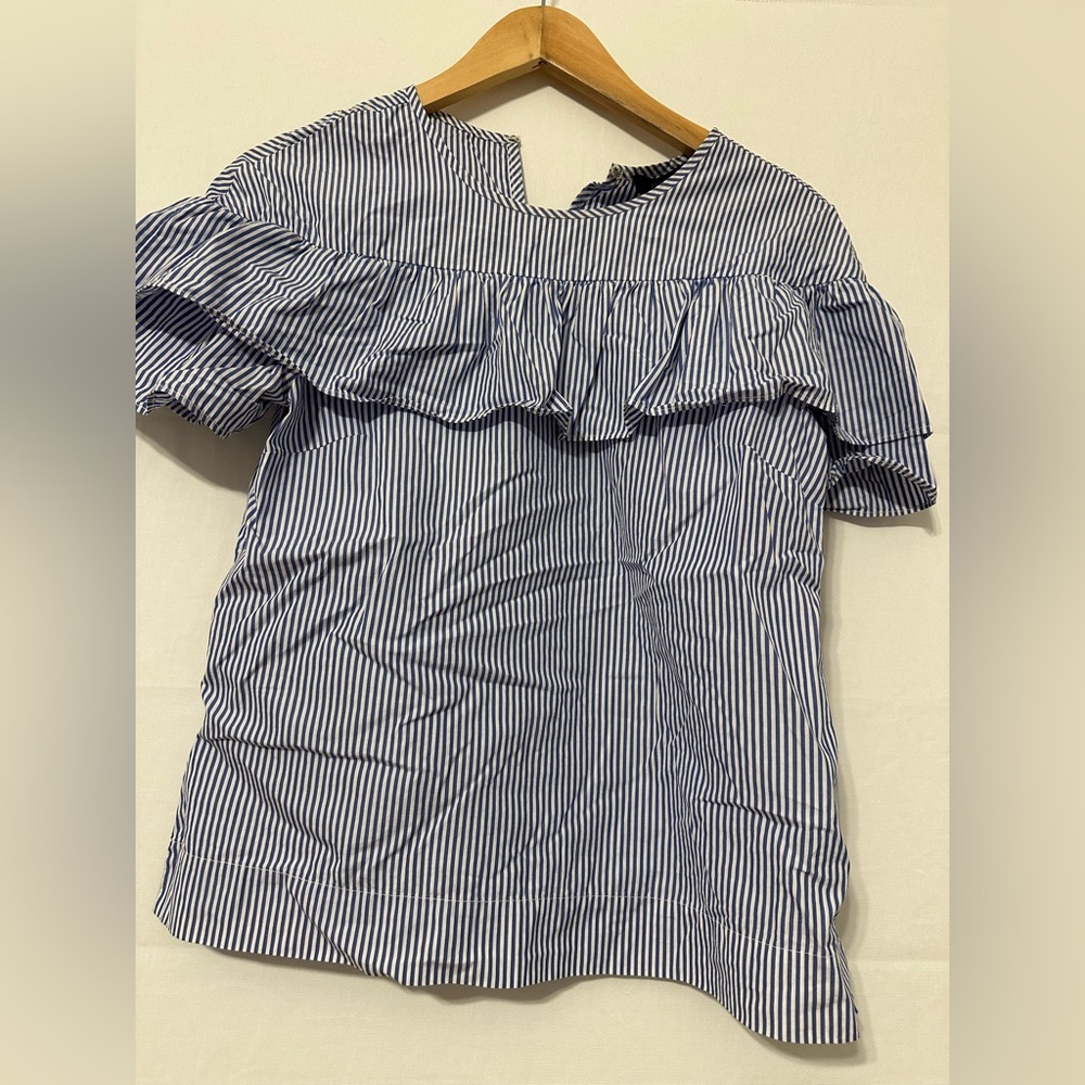 J. Crew Navy Striped Ruffle Blouse
